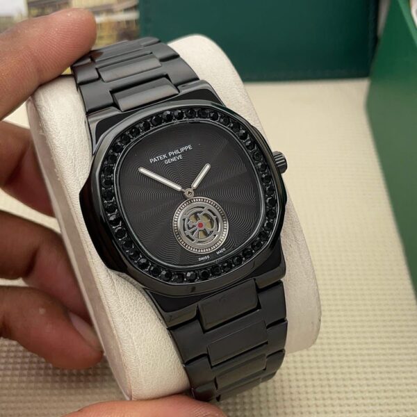Front View of Patek Philippe Black Diamond Watch in Hand