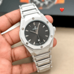Hublot First Copy Watch with Black Dial – Silver Metal Belt