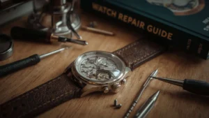 Watch on table with watch repair tools