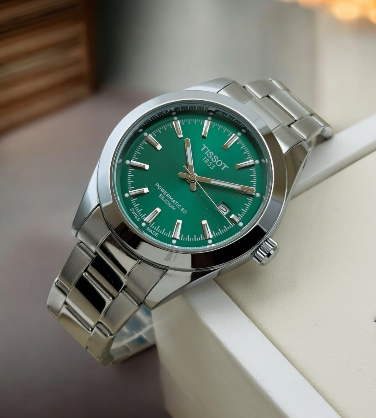 Tissot Powermatic 80 Silicium first copy watch with green dial and metal strap