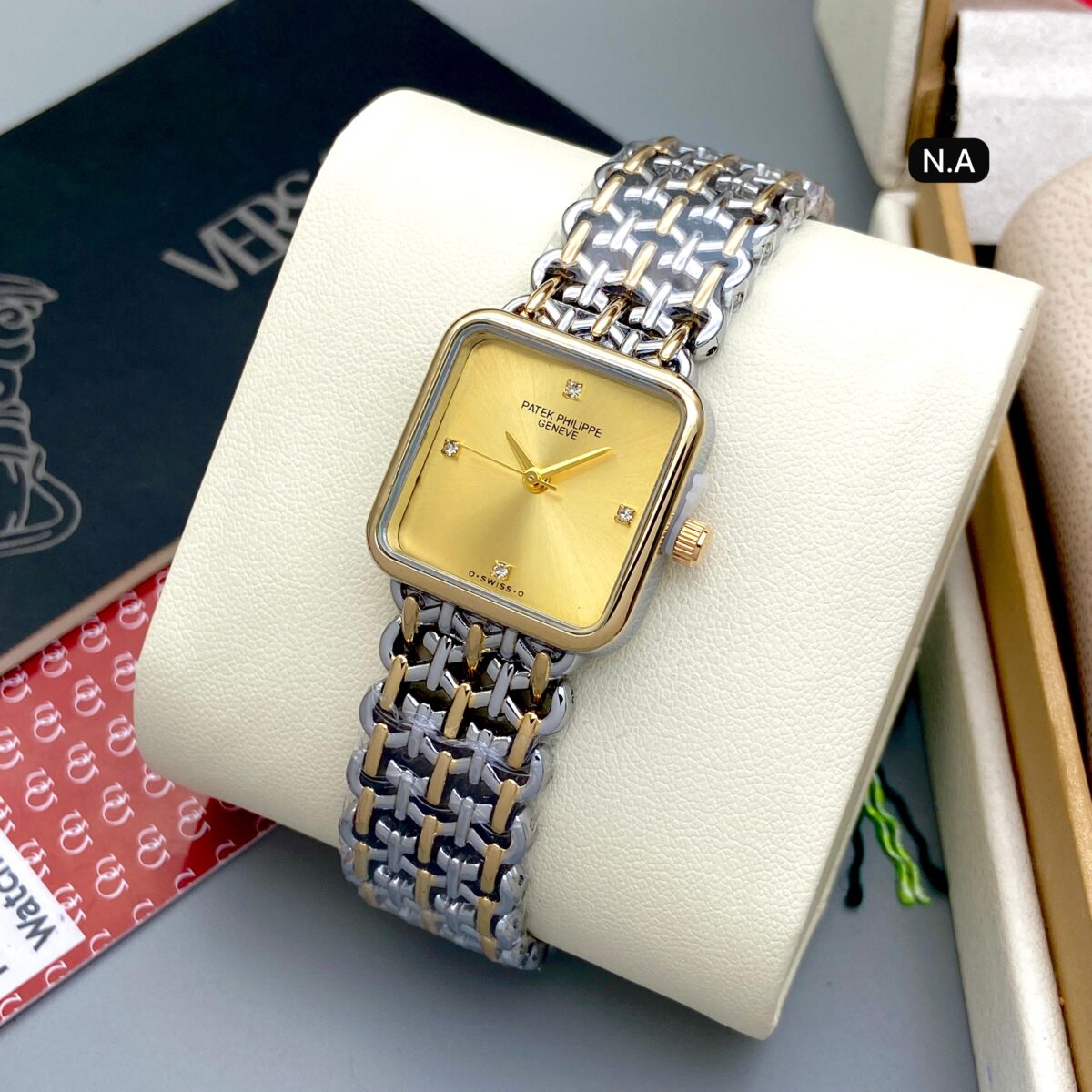 Patek Philippe Inspired Square Diamond Watch for Women – Golden Dial