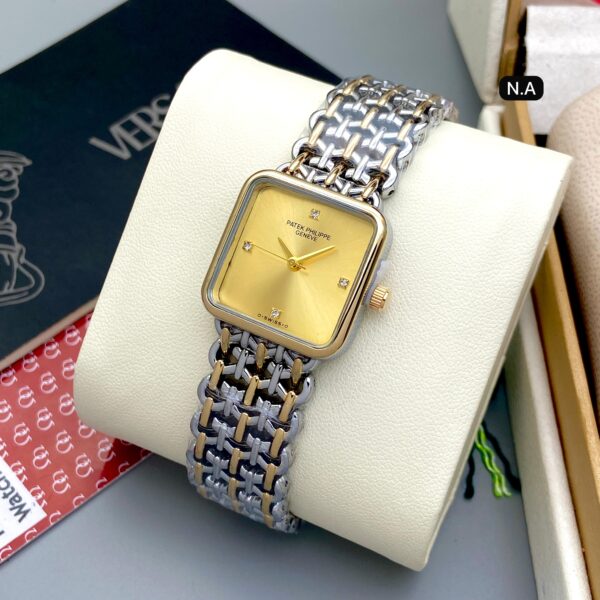 Patek Philippe Inspired Square Diamond Watch for Women – Golden Dial
