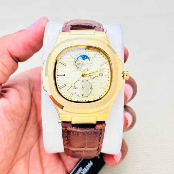 Full Golden - First copy Patek Philippe Nautilus leather strap watch