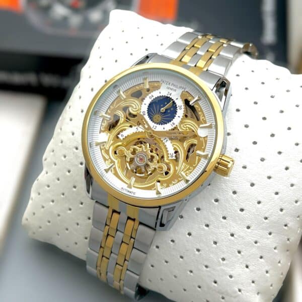 Premium 7AA Patek Philippe Sun Moon automatic watch for men - Silver and Golden Belt and White Dial