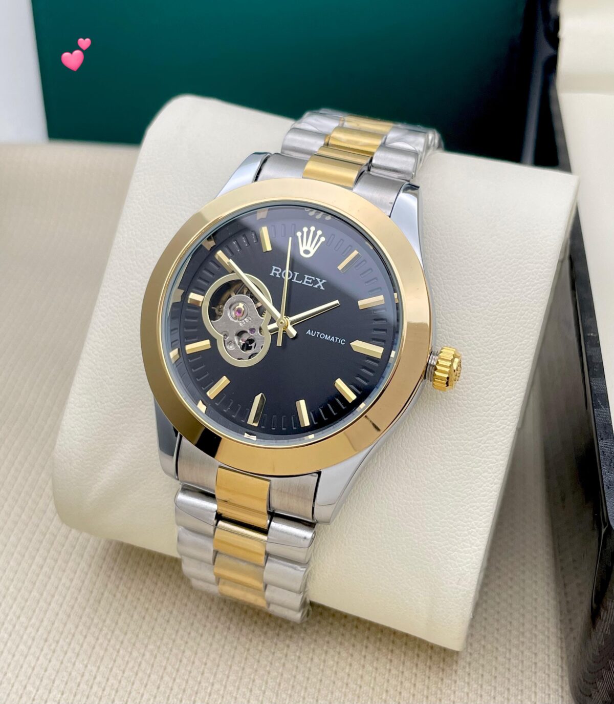 Premium SIlver Belt Black Dial Rolex Skeleton Watch with Fully Working Pendulum and Automatic Movement