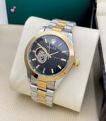 Premium SIlver Belt Black Dial Rolex Skeleton Watch with Fully Working Pendulum and Automatic Movement