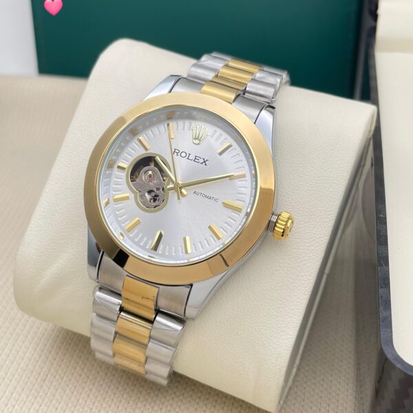 Rolex Skeleton Automatic Watch for Men - Silver Black Dial with Pendulum - First Copy 7A