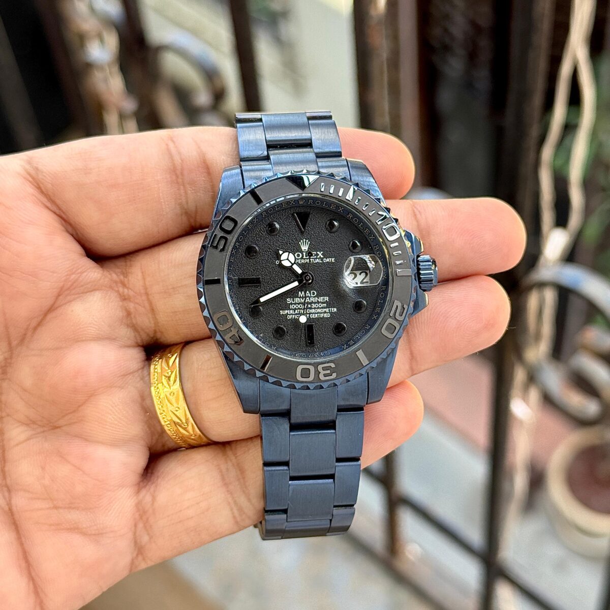 Side profile of Rolex MAD Submariner Blue Edition