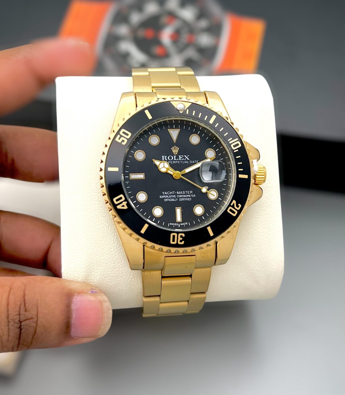 Rolex yatch master black dial golden strap first copy watch