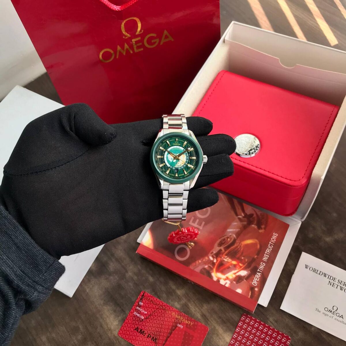Omega Aqua Terra WorldMap Seamaster shot with omega box