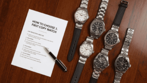 Watches on wooden table with choosing checklist