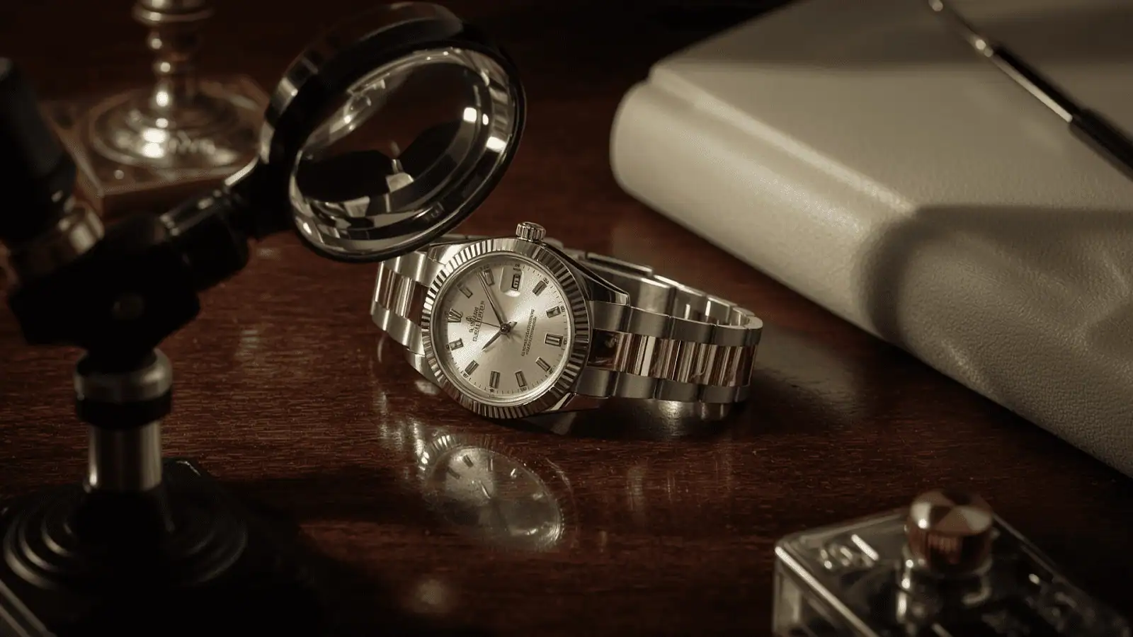 Rolex watch on a wooden table with watch tools