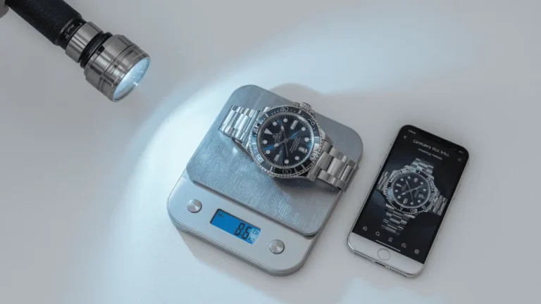 Rolex watch on a weight table with uv light
