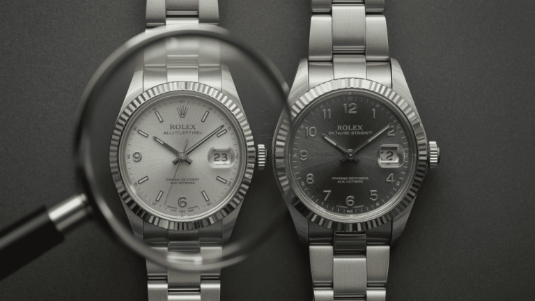 original and first copy rolex watch comparision with magnifying glass