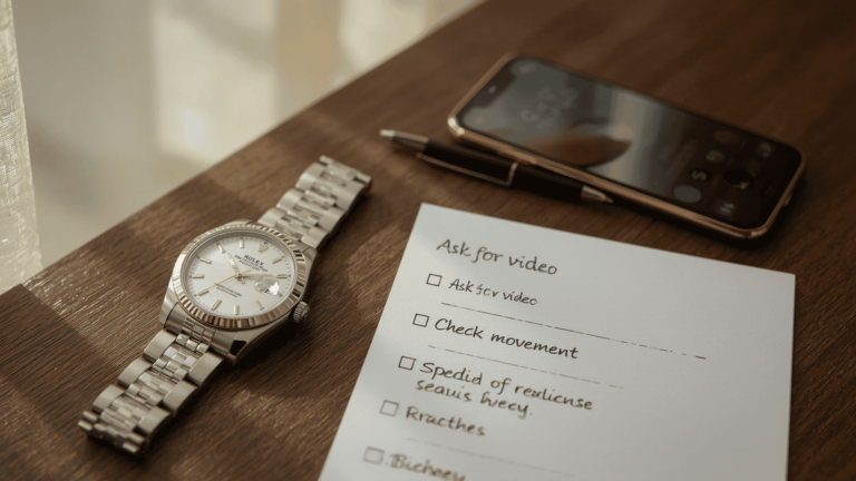 rolex watch on a table with paper
