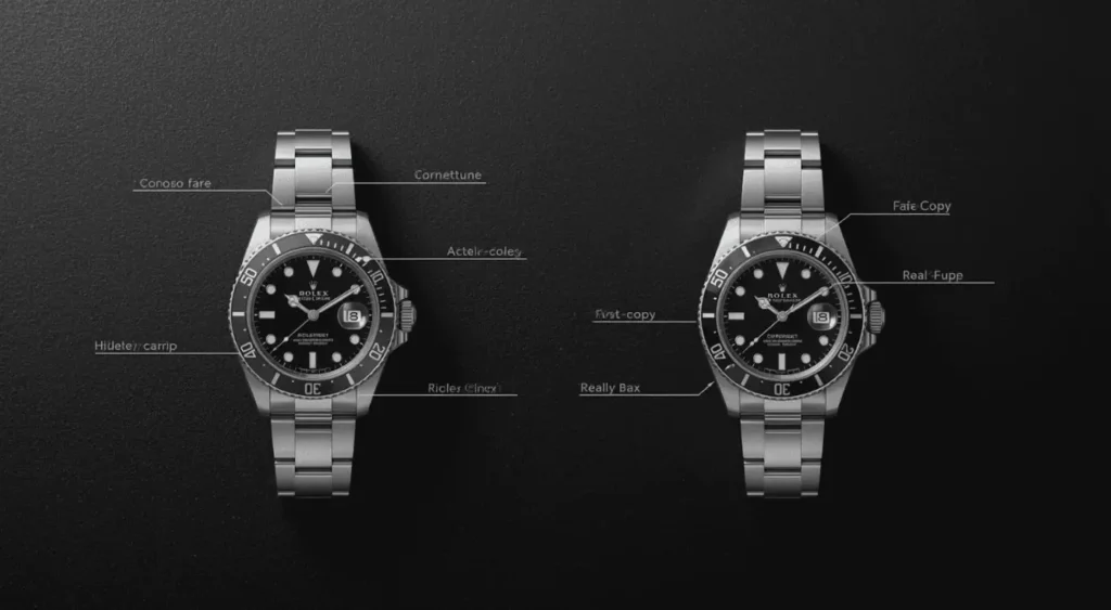 Comparison of copy and original rolex watch