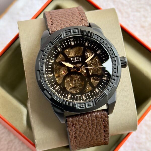 Fossil Bronson Automatic Skeleton Men’s Watch with Brown Leather Strap