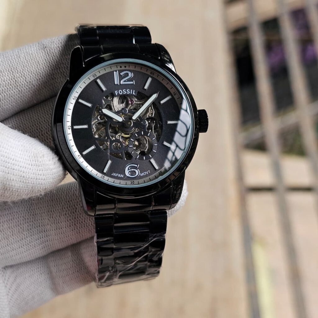 Fossil Heritage Automatic Full Black Men’s Watch – Skeleton Dial, Black Stainless Steel Strap