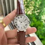 Cartier Ballon Bleu WGBB0036 style men’s watch – 42mm rose gold case, white dial, brown leather strap