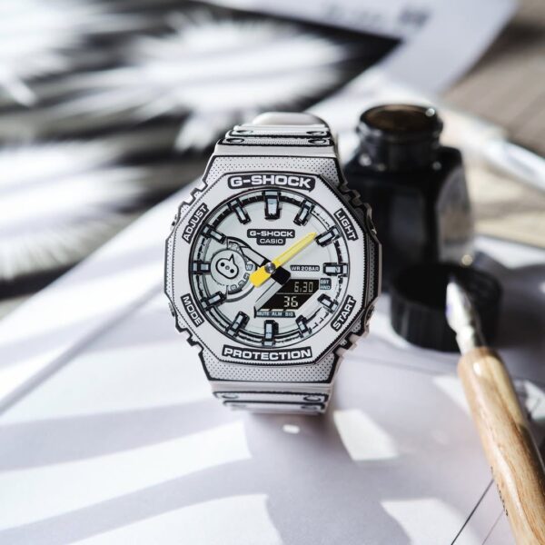 Casio G-Shock GA-2100MNG White Manga Series Street-Style Pop Art Watch – White & Blue Variants, Analog-Digital, Shock Resistant, 200M Water Resistant