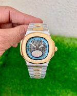 Patek Philippe Skeleton Tiffany Dial Automatic Men’s Watch with open movement, 40mm case, metal bracelet, sapphire-inspired glass, and secure clasp lock.