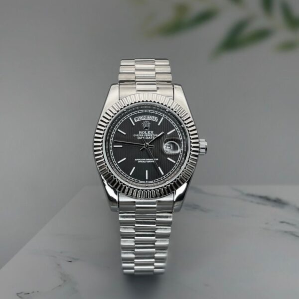 Rolex Day-Date 40mm Men’s Watch with Black Dial & Silver Stainless Steel Bracelet