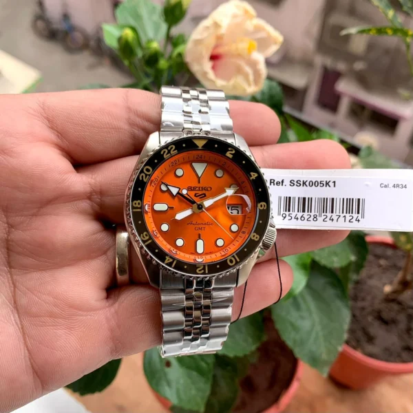 Seiko 5 Sports GMT SSK005K1 men’s 42.5mm watch – Mikan orange dial, stainless steel bracelet, GMT function