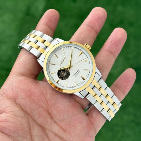 Seiko Presage Open Heart First Copy 43mm men’s watch – two-tone strap, open-heart dial, automatic movement