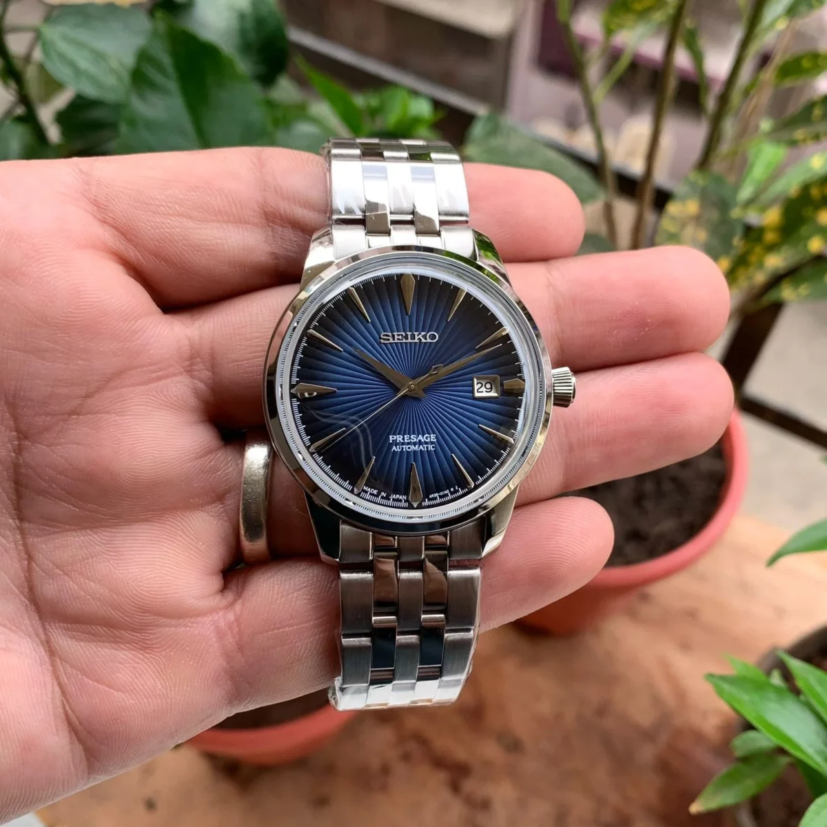 Seiko Presage SRPB41J1 41mm men’s watch – blue dial, stainless steel strap, open back automatic movement