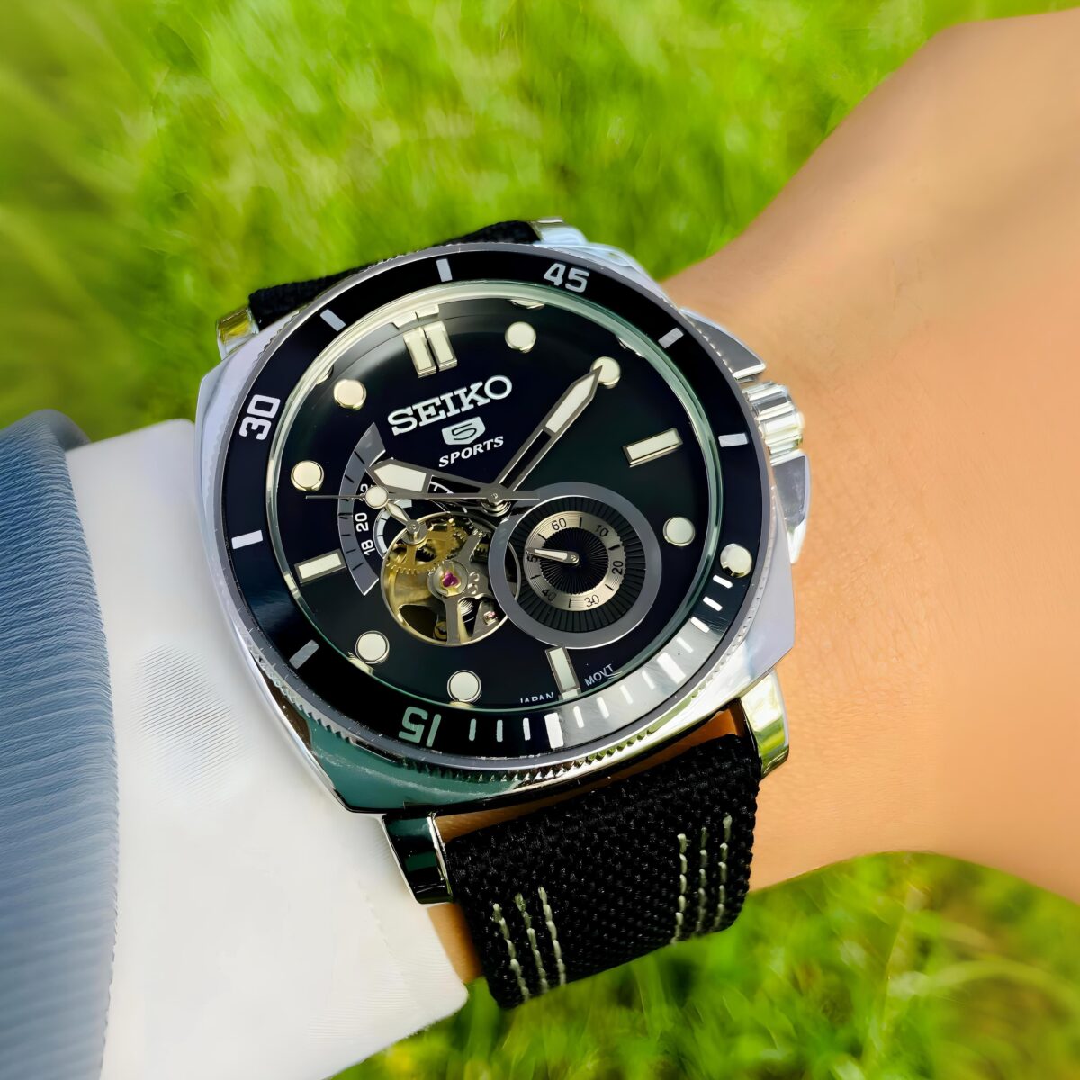 Seiko Tourbillon 43mm men’s watch featuring a black dial, rotating bezel, sporty strap, working counters, and premium Japanese automatic movement.