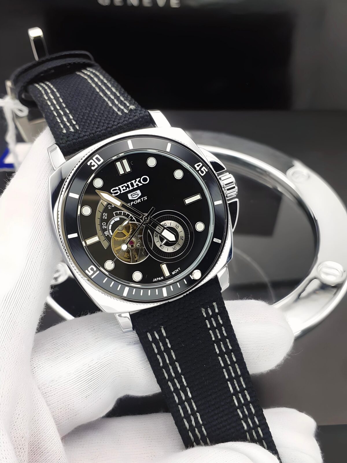 Seiko Tourbillon 43mm men’s watch – black dial, rotating bezel, sporty strap, automatic movement