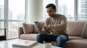 man looking in phone exploring watches