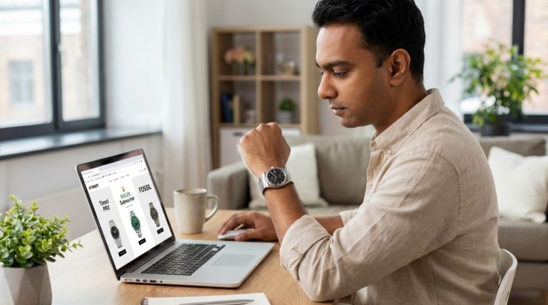 man looking to buy watch on laptop