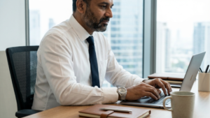 working in office with rolex on wrist