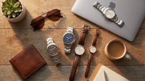 fossil watches on wooden desk